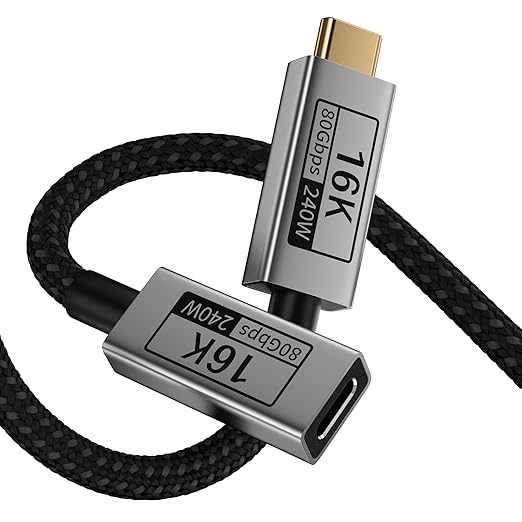 Short USB-C Extension Cable 2FT Compatible with Thunderbolt 580Gbps Data &amp 240W Fast Charging16K/8K Video for DisplayType C Male to Female Extender for Thunderbolt 4/3 /SSD/Hub/Laptop