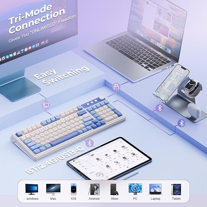 AULA 99 Key Keyboard Tri-Mode Bluetooth/2.4GHz/USB-C Cute Creamy Gaming Keyboard with Number Pad RGB Backlit Media Knob Custom Mechanical Feel Computer Keyboards for MAC Xbox PC Gamer - Purple