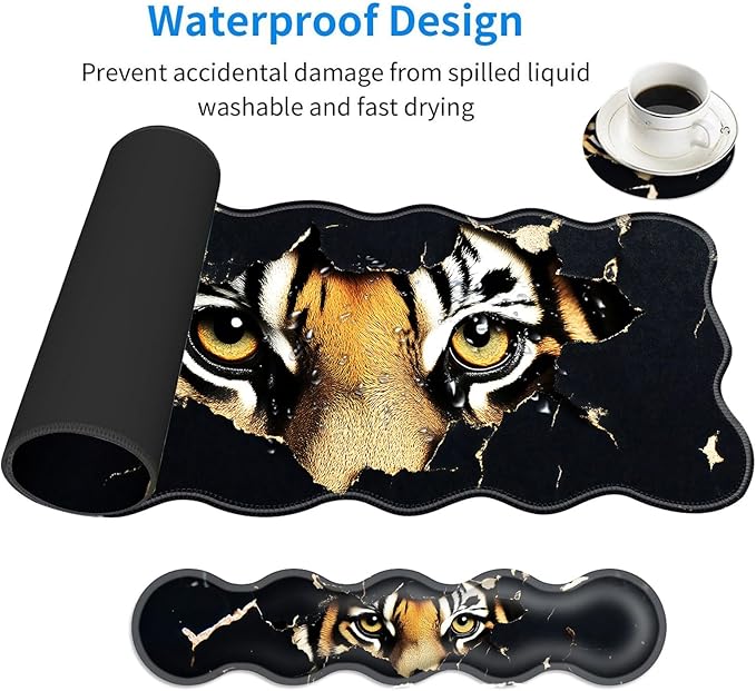 Large Mouse Pad and Keyboard Wrist Rest Desk Pad for Keyboard and Mouse 4-in-1 Large Gaming Mouse Pad with Wrist Support Desk Mat for Home Office Study Game-Tiger Eyes