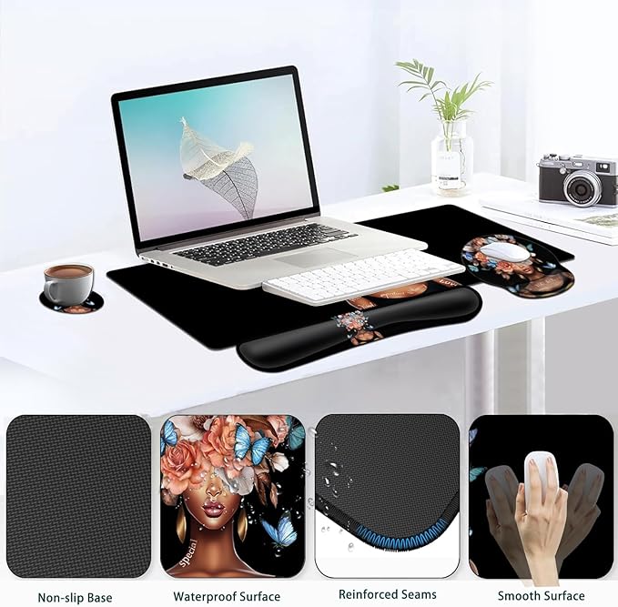 Large Mouse Pad Ergonomic Mouse Pad with Wrist Rest and Keyboard Wrist Rest 4 in 1 Set 31.5 x11.8 inch Extended Desk Pad for Home Office Flowers + African American Woman Black Gaming Mouse Mat