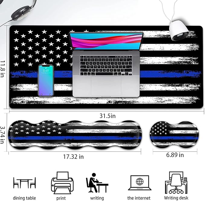 Large Gaming Mouse Pad with Stitched Edges Extended XXL Mousepad Office Desk Pad Writing Pad 31.5 x 11.8 inErgonomic Memory Foam Keyboard Wrist Rest SupportRetro Blue Line American Flag Desk Mat
