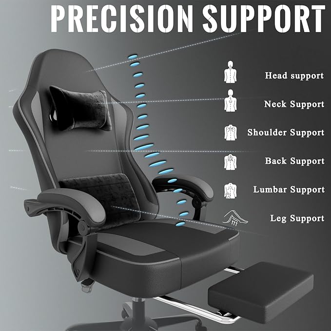Gaming Chair with Pocket Spring Cushion and Footrest PU Leather Game Chair Adjustable Headrest Home Office Desk Chairs Comfortable Ergonomic Computer Chairs