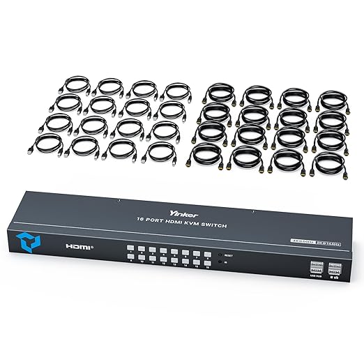 16 Port HDMI KVM Switch 4K@60Hz 2K@144Hz USB Rack Mount KVM HDMI Switch w/16 Pcs Cables Support RGB 4:4:4 HDCP 2.2 3.5mm Audio 4 USB 2.0 IR Remote