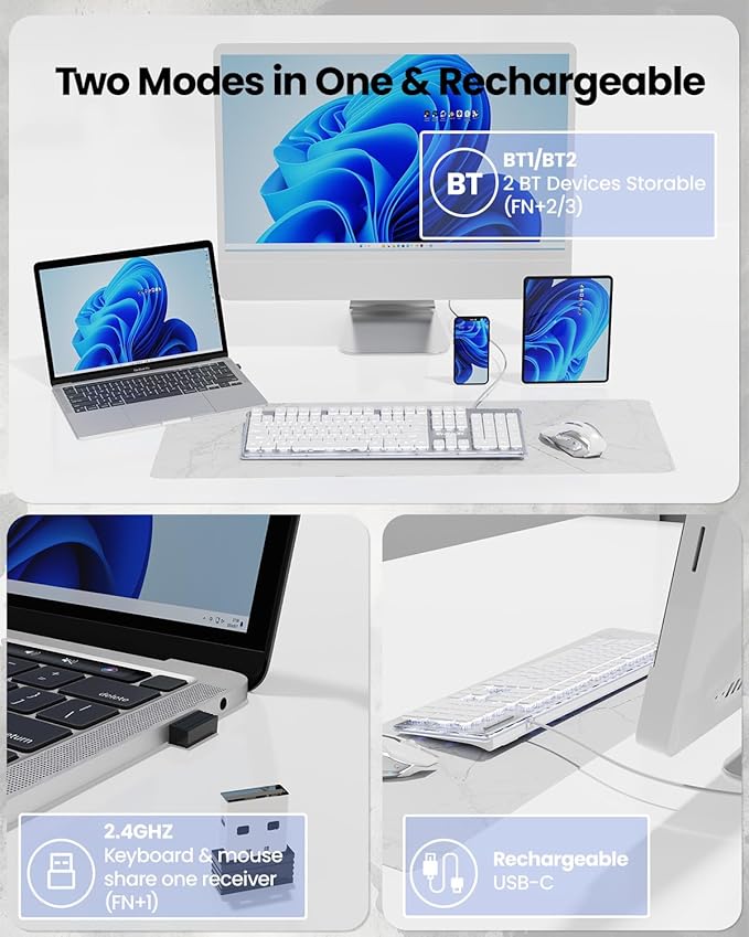 V3 Wireless Keyboard and Mouse with Single Backlit Metal Panel Bluetooth/2.4G Rechargeable Computer Keyboard and Mouse Combo Silent Lighted Full Size Cute Keyboards-White