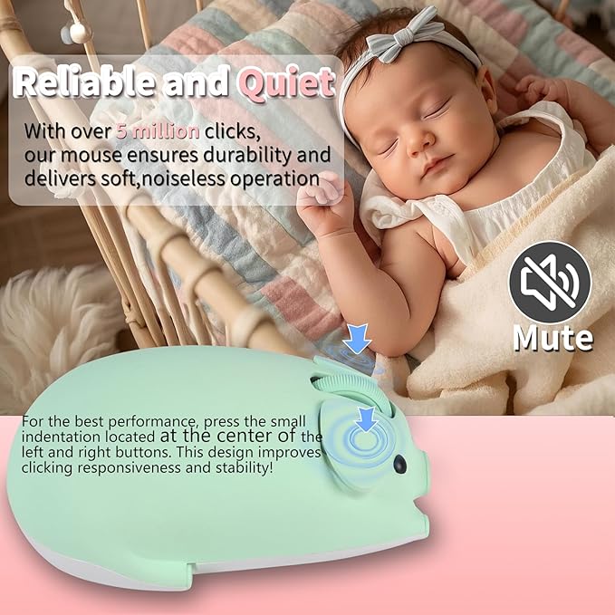 Cute Pig Design Wireless Mouse - Dual Mode Bluetooth &amp USB Silent Operation Ergonomic Ideal for Laptops &amp PCs for Animal Lovers and Family (Green)