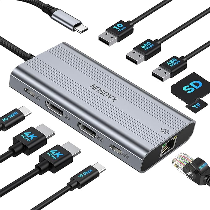 XAOSUN USB C Docking Station Dual Monitor 10Gbps USB C HUB with 2 HDMI 4K@60Hz 10 in 1 USBC Dock with 10Gbps USB A and C Gigabit Ethernet PD 100W SD/TF (microSD) for Lenovo/Mac/Dell/HP/XPS