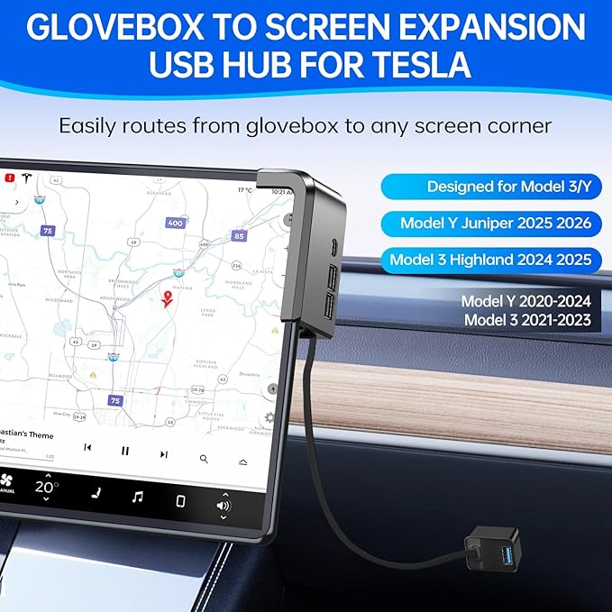 USB Hub for Tesla Model Y Juniper 2025 2026 Model 3 Highland 2024 2025 Glove Box to Screen Docking Station Glovebox USB 3.0 Expander for Dashcam Flash Drive Charging Data Transfer Game Music