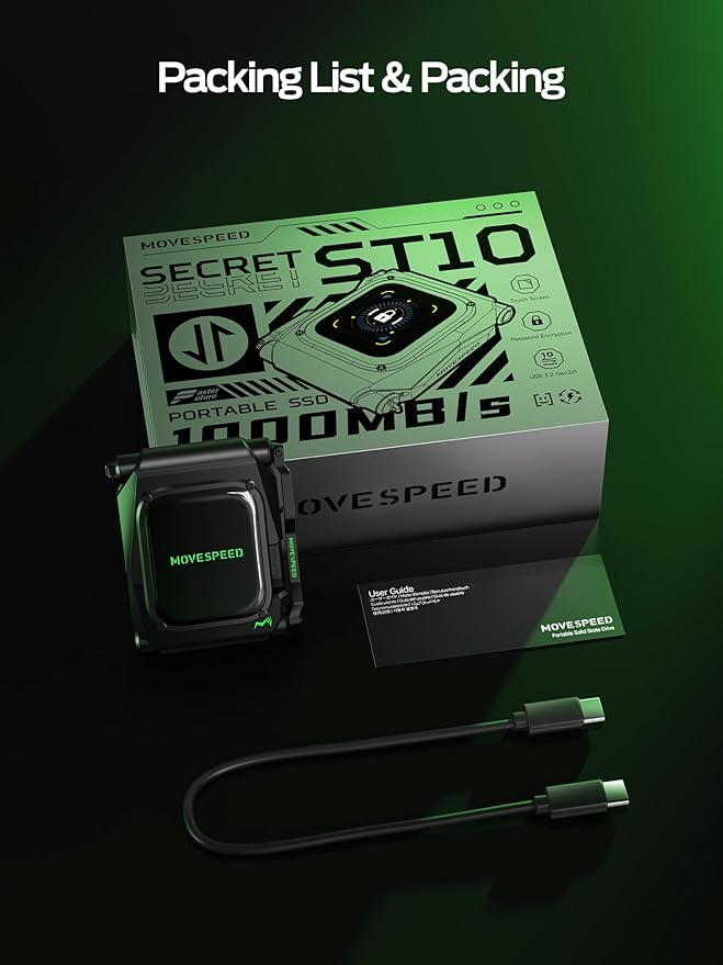MOVE SPEED External Hard Drive with Touchscreen Up to 10Gbps Portable SSD USB-C 3.2 Gen2 Compatible with iPhone Windows Mac &amp More (ST101TB)