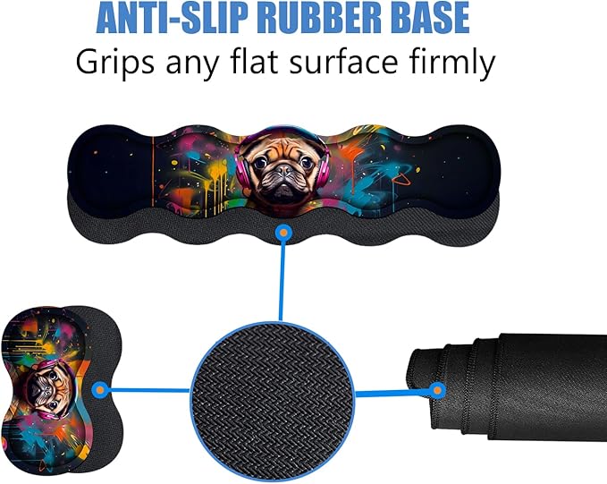 4 in 1 Ergonomic Memory Foam Mouse Pad Wrist Rest Set Large XXL Gaming Desk Pad + Keyboard Wrist Rest + Mouse Wrist Cushion + Coaster for Home Office Study Gaming Cute Pug with Headphones