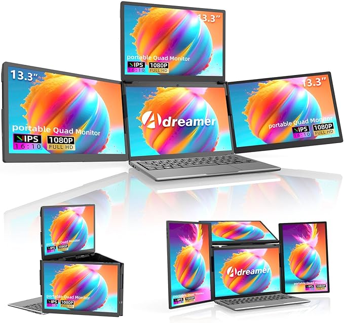 ADREAMER 13.3 Triple Screen Laptop Monitor Extender Detachable 3 Monitor for 11.6-16 FHD 1200P IPS Multi Screen Laptop Attachment Compatible with Wins/MacOS(M1/M2/M3).