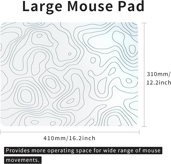 Glass Mousepad for Gaming White Topographic Hard Gaming Mouse pad Professional Large Mouse Mat 410mm*310mm Special Glass Surface with Improved Precision and Speed