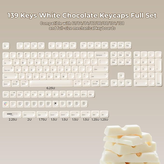 OHY XVX White Keycaps MOA Profile Keycap Set Minimalist Mac Style Custom Cute Ceramic-Textured Keycaps for MX Switches Mechanical Keyboard-White Chocolate