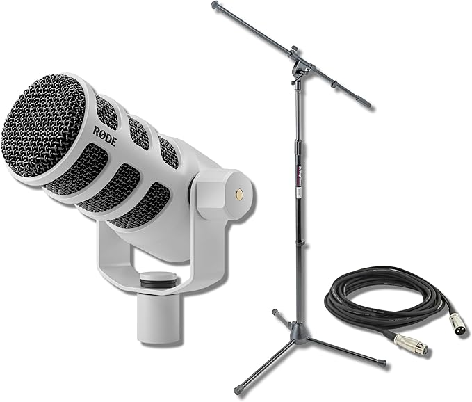 Rode PodMic USB Dynamic Broadcast Microphone (White) with On-Stage Stands MS7701B Tripod Mic Stand and XLR Cable