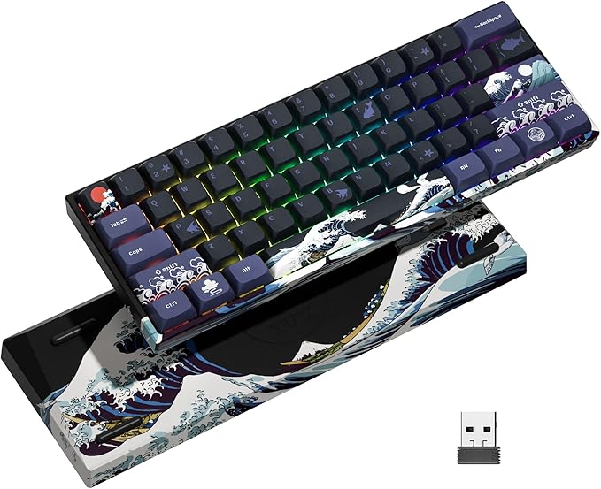 XVX 60% Gaming Keyboard RGB 3-Modes Wireless Mechanical Keyboard Mini 60 Percent Gamer Keyboard with Hot-Swappable Pre-lubed Linear Switch for Windows &amp Mac (Great Wave Off Kanagawa) M61 Pro