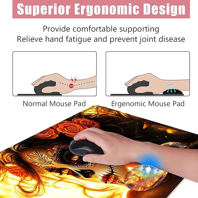 Large Keyboard Mouse Pad Set Extended Mouse Pad+Keyboard Wrist Rest Support Memory Foam Ergonomic Easy Typing 4Pcs (31.5×11.8 in) Desk Pad Set for Office HomeSkull Woman with Rose