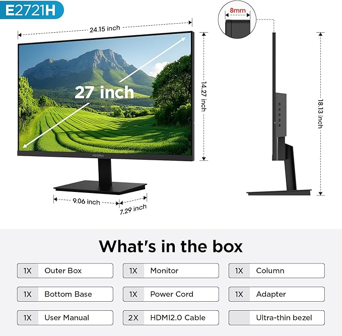 KOORUI 27 Inch QHD (2560x1440) IPS HDR Ultra-Thin Computer Gaming Monitor 120Hz Refresh Rate DCI-P3 95% FreeSync &amp G-Sync 1ms MPRT VESA 100x100mm Tilt Adjustable for Game and Work E2721H