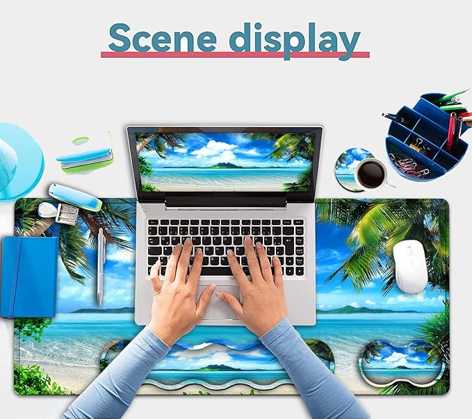 Large Mouse Pad Desk Mat Keyboard Pad+ Ergonomic Keyboard Wrist Rest Set Big Extended Laptop Protector Writing Mat for Desktop Home Office Coconut Trees on Sands Beach Seascape Gaming Mouse Pad
