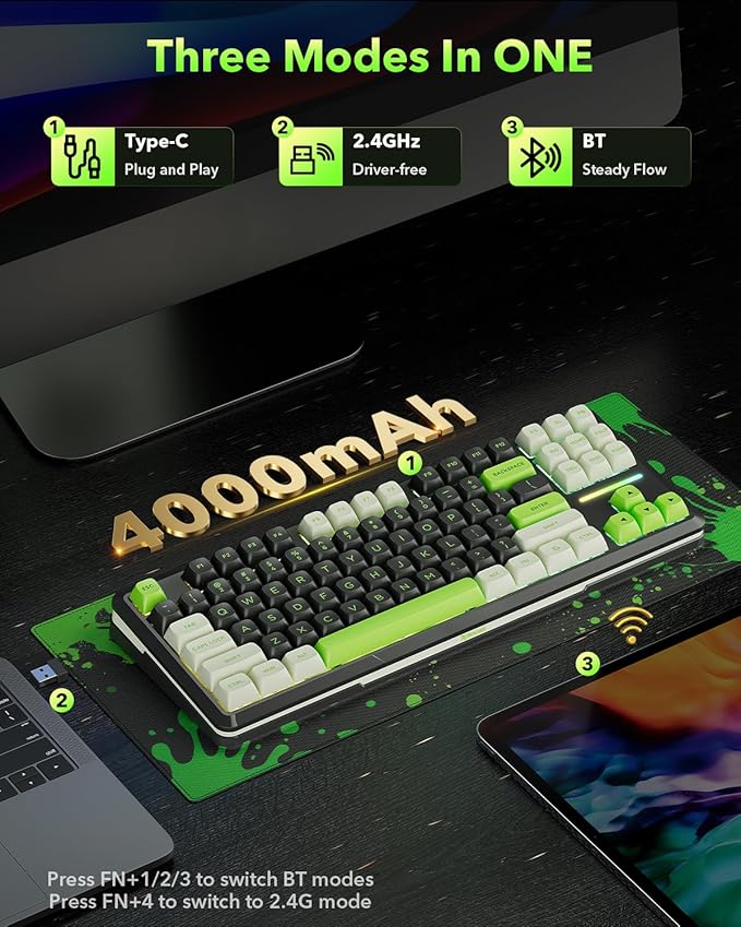 Redragon K734B Wireless Mechanical Keyboard3-Modes Bluetooth Gasket Hot Swappable TKL RGB Custom KeyboardPre-lubed Switches 81 Keys PBT Keycaps South-Facing LEDs Socket