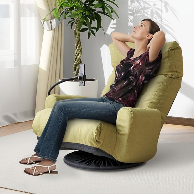 360° Swivel Floor Green Gaming Chair Linen Folding Lounge Sofa Chair with Adjustable Head and Waist Armrests &amp Phone Holder Padded Cushion Leisure Chairs for Living Room Bedroom