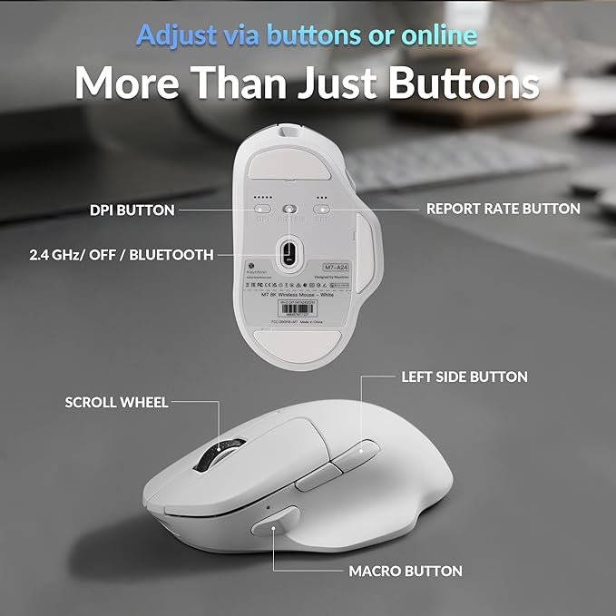Keychron M7 8K Wireless Mouse 30K DPI Optical Computer Mice 2.4 GHz/Bluetooth/Wired with Macro Button 66g Lightweight Ergonomic Up to 140 Hours Worktime for Laptop macOS/Windows - White