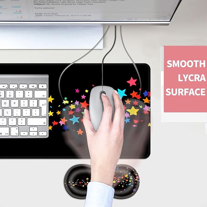 Mouse PadLarge Desk Mat Set 4in1 XL Mousepad + Keyboard Wrist Rest+Mouse Wrist Rest+Coaster with Ergonomic Desk Pad for Home Office Table Computer Cover -Rainbow Stars