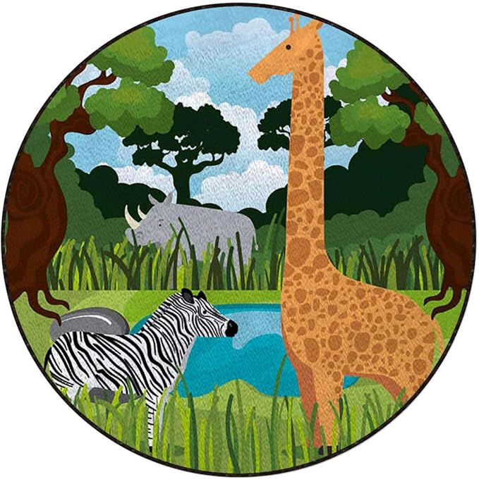Multicolor Round Rug Nursery Rug for Bedroom Playroom Non Slip Educational Playmat Round Circle Carpet Animals in Fractal Display Vivid Colors Diameter 55 in