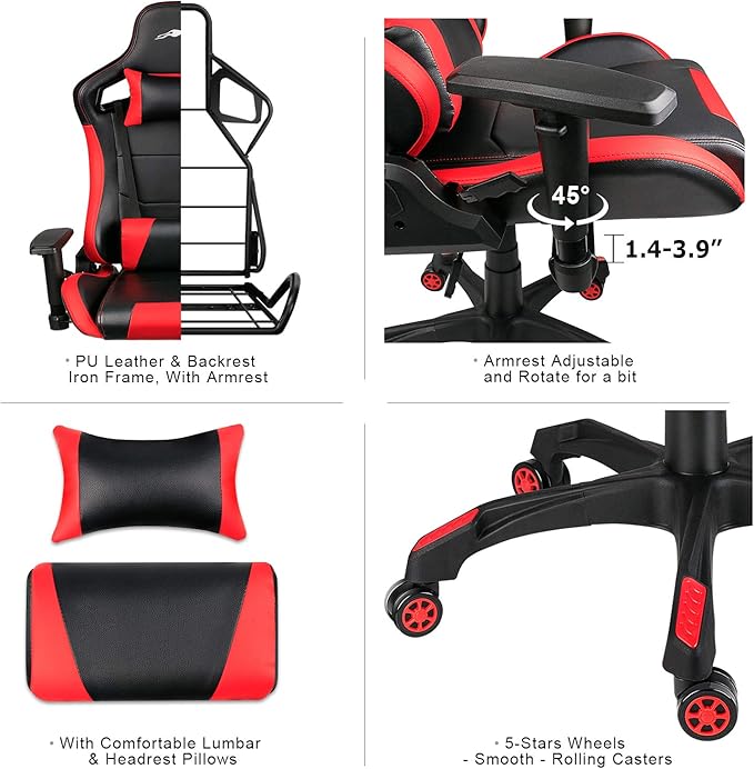 Leopard Gaming Chair High Back PU Leather Office Chair Adjustable Video Gaming Chairs Swivel Racing Chair with Adjustable Armrest (Black/Red)