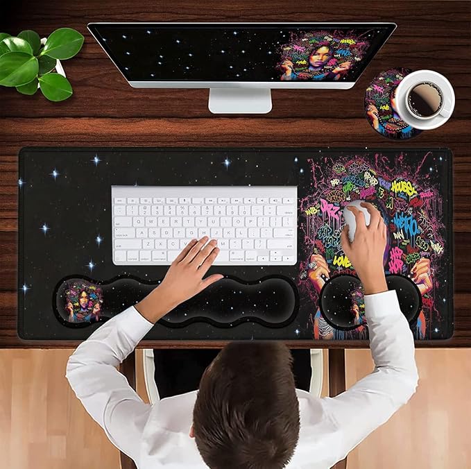 Ergonomic Keyboard Wrist Rest + Large Mouse Pad + Mouse Wrist Support Set Memory Foam Mouse Wrist Non-Slip Rubber Base Extended Gaming Mousepads XXL Funy African Women Portrait Desk Mat Decoration