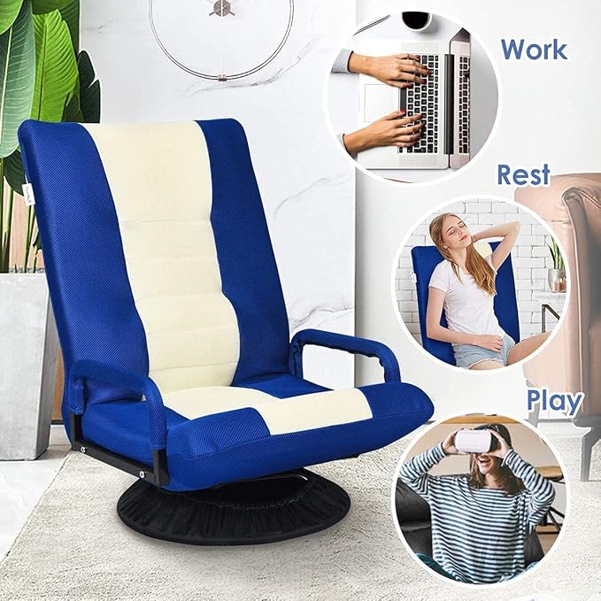 ERGOMASTER 360 Degree Swivel Video Gaming Floor Chair w/Armrests Adjustable 6-Position Folding Floor Chair Padded Backrest for Game Reading (Blue/Beige)