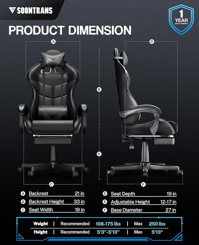 Soontrans Black Gaming Chairs with Footrest Ergonomic Gamer Chair Home Office ChairPC Computer Chair with Headrest and Lumbar Support(Dark Black)