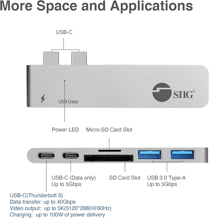 SIIG Thunderbolt 3 USB Type C Hub Adapter for 13 or 15 MacBook Pro - 5k Video Resolution 40Gbps Data Speed - USB C Data Port 2 USB 3.1 SD/Micro SD Card Reader Slot - Silver