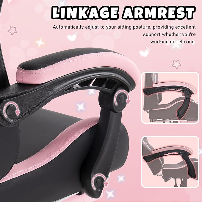 Black Gaming Chair with Cat Ears and Cat Paw Lumbar Cushion Cute Ergonomic Gaming Computer Desk Chair with Footrest and Linked Armrests Comfortable PU Leather Game Chair for Girls and Adults