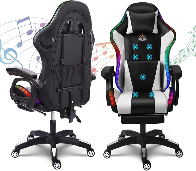 Computer Gaming Chair with Speakers and Massage RGB Video Game Chair Ergonomic Gamer Chair Racing Chair PU Leather High Back Recliner Chair with Lumbar Support Headrest ArmrestWhite