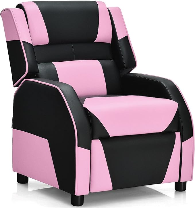 Pink Kids Youth PU Leather Sofa Recliner Comfortable Headrest Adjustable Backrest and Footrest Ergonomic Armrest Wooden Frame Large Seating Space Suitable for Gaming Reading Watching TV Napping