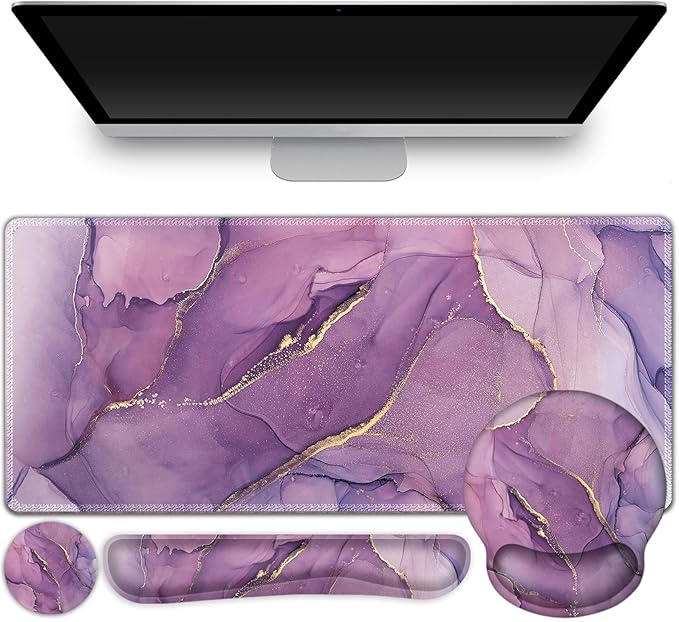 ToLuLu Desk Mat XXL Large Mouse Pad Wrist Support Set4 in1 Gaming Mousepad Desk Pad+ Ergonomic Mouse Pad with Wrist Rest + Keyboard Wrist Rest+Coaster for Women Home Office Computer Purple Marble