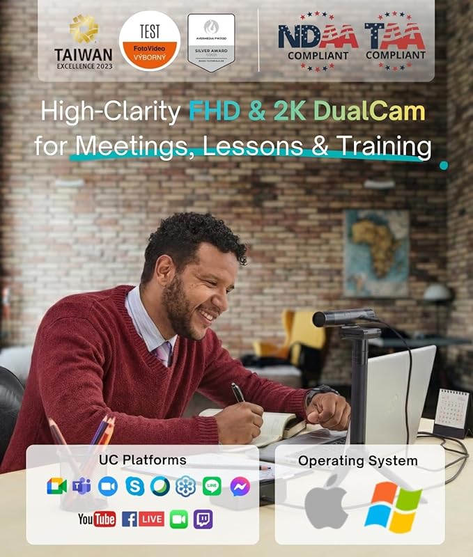 AVerMedia PW313D DualCam 2K Document Camera and Webcam for PC/Mac/Laptop Autofocus AI Noise Reduction Online Teaching Works with Zoom/Teams/Google Meet Includes Tripod TAA/NDAA Compliant