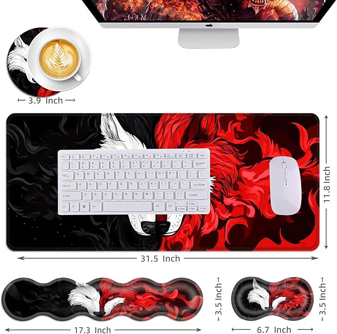 Mouse PadLarge Desk Mat Set 4in1 XL Mousepad + Keyboard Wrist Rest+Mouse Wrist Rest+Coaster with Ergonomic Desk Pad for Home Office Table Computer Cover -Wolf and Fox