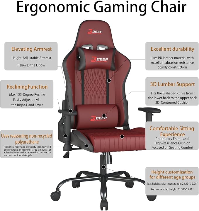 Video Game Chair Ergonomic Comfortable Gaming Office Chair Height-Adjustable with a 360° Swivel Base and Headrest(1002-Red)