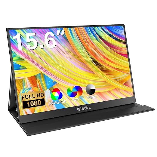 WUAWE 15.6 Inch Portable Monitor with Cover Stand 1080P FHD 60Hz External Second Computer Monitor with Speaker HDMI USB-C for PC Mac Phone PS5 Switch Xbox PS4/5.