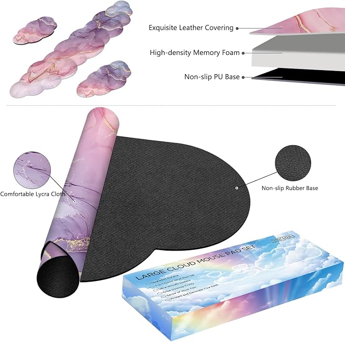 JIKIOU Large Cloud Mouse Pad Waterproof with Cloud Keyboard Wrist Pad and Cloud Mouse Wrist Pad Set Ergonomic Computer Desk Wrist Support Mousepad for Keyboard and Mouse 35.4x15.7in Marble Pink