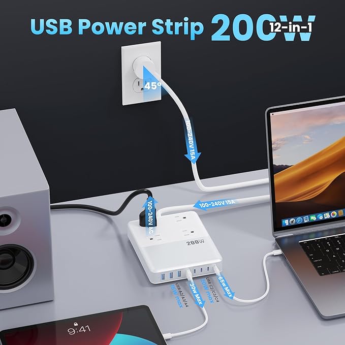 12-in-1 Charging Station USB C Power Strip with 5ft Cord200W GaN IV USB C Charger Block4 AC Outlets8 USB for MacBookiPhone 16/15/14Fast Charging Desktop Charger for Office (A-White)