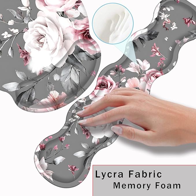 Mouse PadLarge Pink Desk Mat 4in1 XXL Mousepad + Keyboard Wrist Rest+Mouse Wrist Rest+Coaster Set with Ergonomic Desk Pad for Home Office Table Computer-Gray Rose Floral