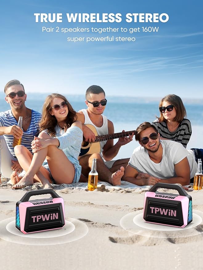 Wireless Bluetooth Speakers - Portable Speaker 80W Peak 20H Playtime Light Shows Loud Speaker with Strong Bass BT 5.3 TWS IPX6 Waterproof for Home Travel Outdoor Beach Camping - Pink