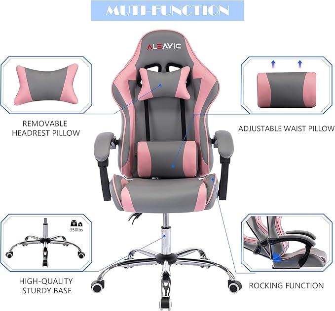ALEAVIC Gaming Chair with Massager Fabric Gaming Chairs for Adults Ergonomic Gamer Chair with Adjustable Headrest and Lumbar Support Reclining Computer Game Chair High Back Frost Pink