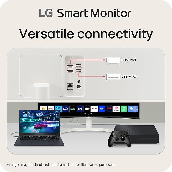 LG 34SR60QC-W 34-inch QHD (3440x1440) Curved Smart Monitor with Streaming UltraWide Screen webOS HDR10 100Hz Built-in Speaker AirPlay2 Screen Share Bluetooth ThinQ App White