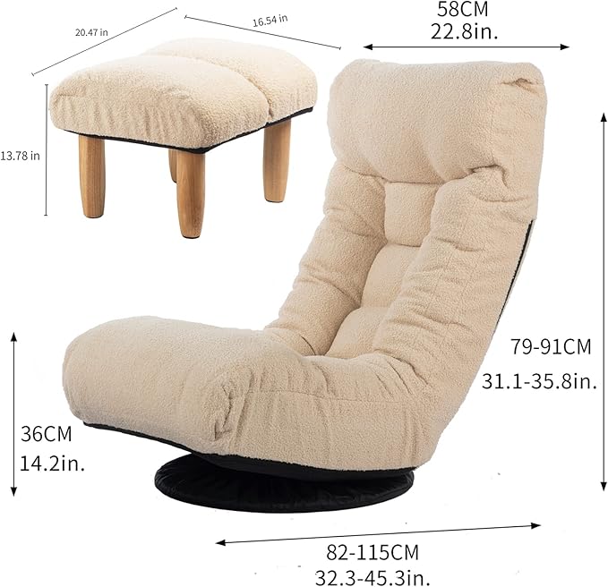 360-degree Swivel Gaming Chair Folding Floor Chair with Adjustable Backrest Cushion Padded Indoor Chaise Lounge with Stool Lazy Sofa Couch Rocker Gaming Chair for Teens and Adults