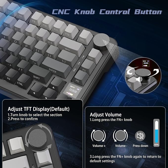 ATTACK SHARK X85 Pro Wireless Mechanical Gaming Keyboard with TFT Screen &amp Knob Hot-Swappable BT5.1/2.4Ghz/USB-C RGB Backlit Gasket Mount Gradient Side-Print PBT Keycaps for Win/PC/MAC-Moon Night