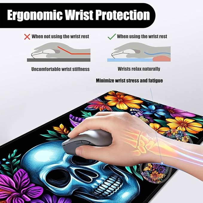 Mouse PadLarge Desk Mat Set 4in1 XL Mousepad + Keyboard Wrist Rest+Mouse Wrist Rest+Coaster with Ergonomic Desk Pad for Home Office Table Computer Cover -Skull with Flowers and Butterflies