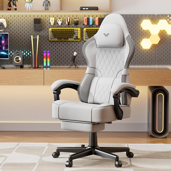 Soontrans Linen Fabric Gaming Chair Racing Office Computer Desk ChairErgonomic Gamer Chairs for Adult High Back Comfortable Video Game Chair with Footrest and Massage Lumbar Cushion