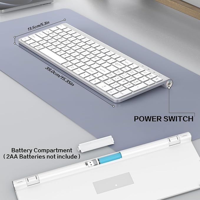 JOYACCESS Wireless Keyboard ErgonomicDustproof2.4G Slim and Compact Quiet Wireless Keyboard with Number Keypad for Windows MacBook Pro/Air Laptop Desktop PC-Sliver&ampWhite